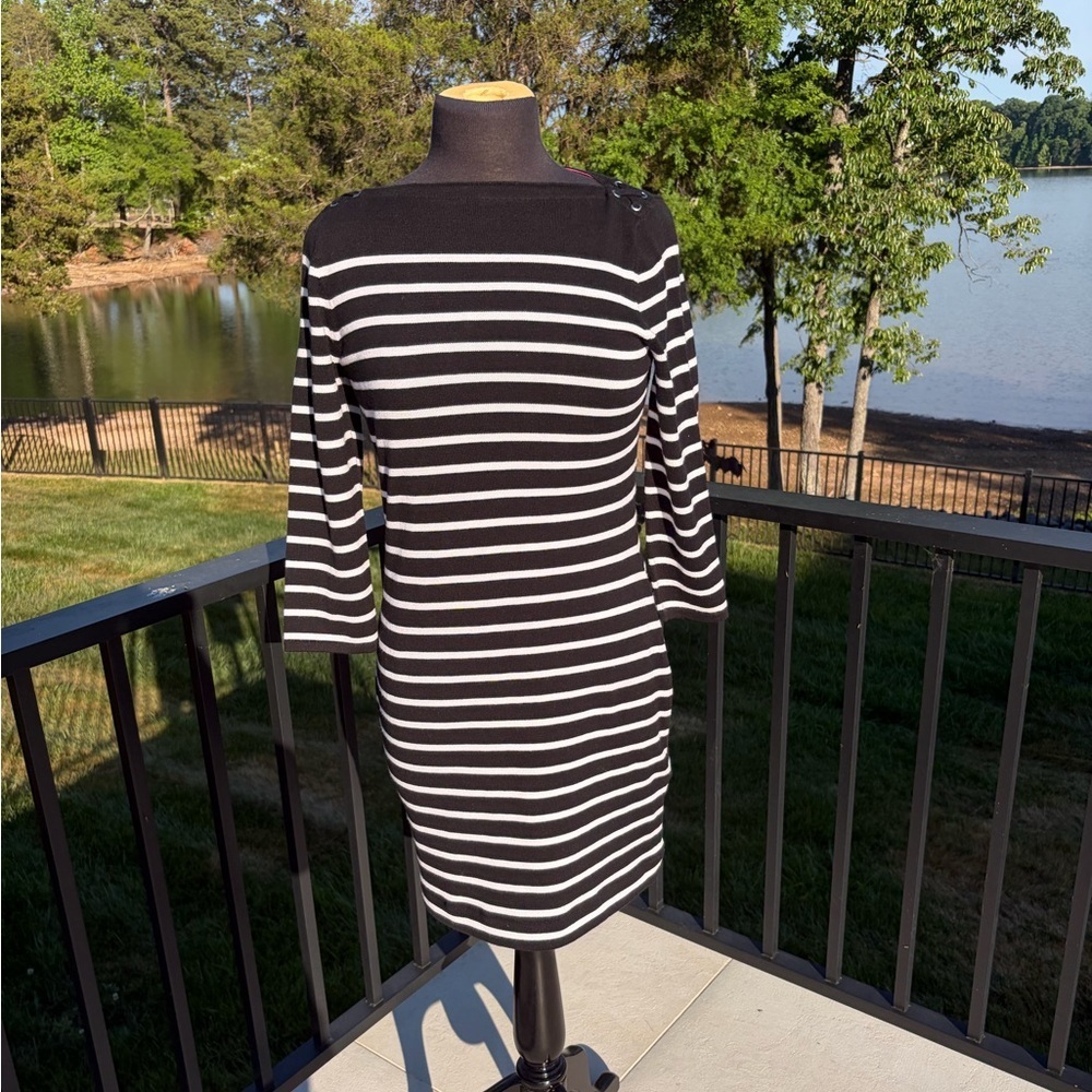 Lauren Ralph Lauren Petite Striped Knit Dress Black White Nautical PM